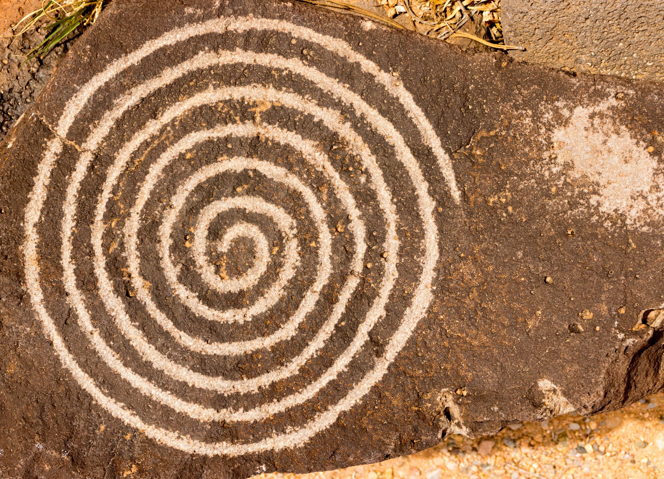 Detailed view of a spiral petroglyph carved into dark sandstone, showing concentric rings etched into the rock surface.